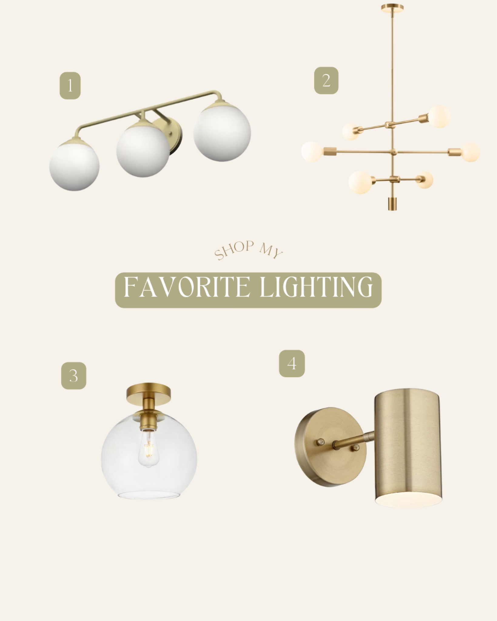 I’m very picky about lighting because it makes such a difference in a space!

1. This is in our bathroom!
2. Above our dining table ☺️ love that you can move the arms to make it customized!
3. My favorite boob light replacement.
4. Beside our bed! I use battery operated puck lights (google magic lights). 