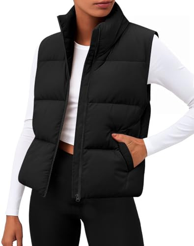 Zeagoo Womens Black Puffer Vest Sleeveless Winter Cropped Outerwear Warm Lightweight Stand-Up Collar Down Tops With Pockets | Amazon (US)