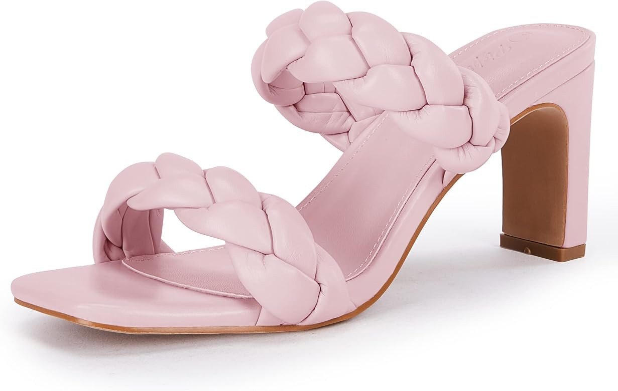 PiePieBuy Womens' Square Open Toe Slip On Braided Heeled Sandals | Amazon (US)