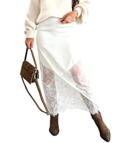 Pinclodly Womens Skirts Midi Length Lace Patchwork Maxi Skirts Y2K High Waist Silk Satin Skirt Summer Loose A-line Lace Skirt | Amazon (US)