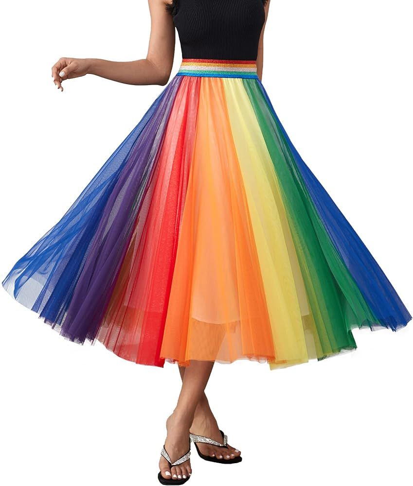 Women Pleated Long Tulle Skirt High Elastic Waist Swing Casual Midi Skirt | Amazon (US)