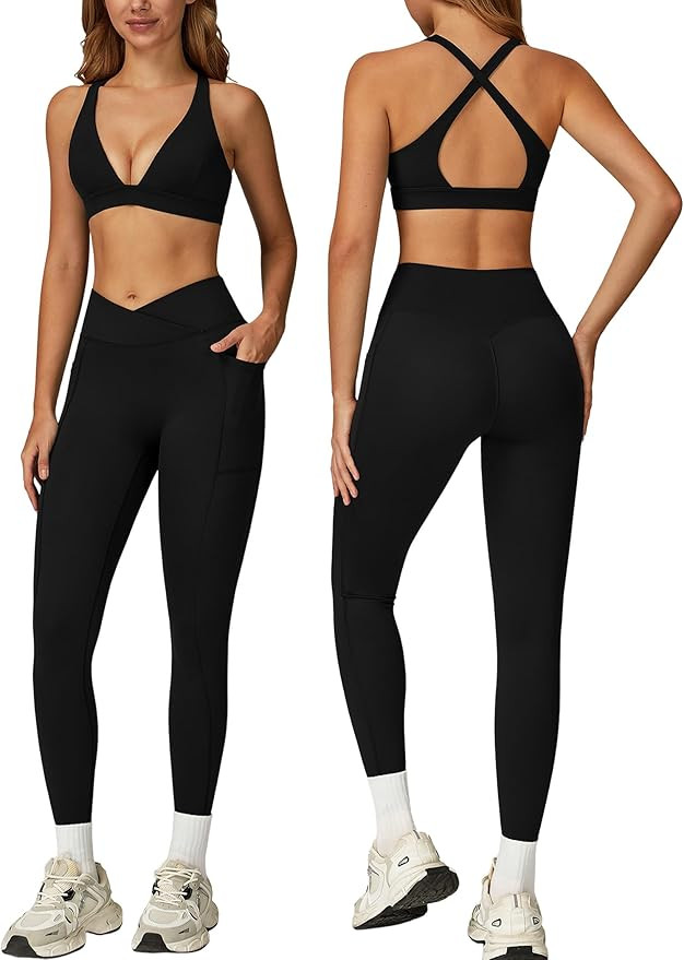 ABOCIW Womens Two Piece Workout Sets Deep V Neck Sports Bra Crossover Leggings with Pockets Gym Y... | Amazon (US)
