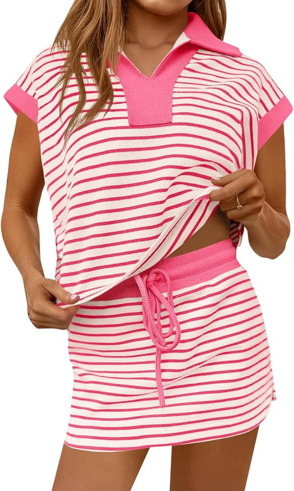 Fisoew Womens Striped 2 Piece Outfits Casual Sweatshirt Skirt Set Short Sleeve Skort Workout Set ... | Amazon (US)
