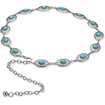Women Western Turquoise Belts Concho Chain Belt Adjustable Metal Waist Chain for Jeans Dresses | Amazon (US)
