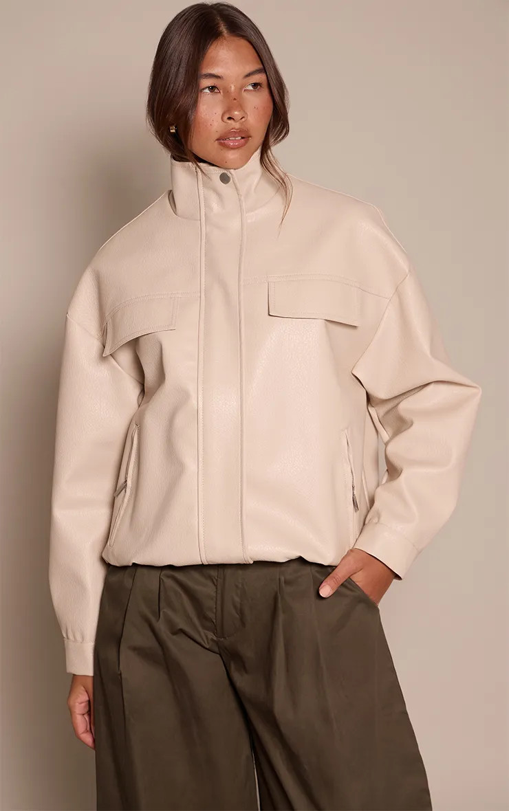 Stone Funnel Neck Concealed Placket Faux Leather Jacket | PrettyLittleThing | PrettyLittleThing UK