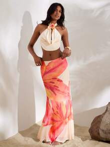 Opulessa Knitted Mesh Printed Low Waisted Bodycon Mermaid Hem Women Skirt,Bohemia | SHEIN