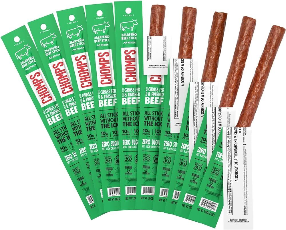 Chomps Grass-Fed and Finished Jalapeño Beef Jerky Snack Sticks 10-Pack - Keto, Paleo, Whole30, 1... | Amazon (US)