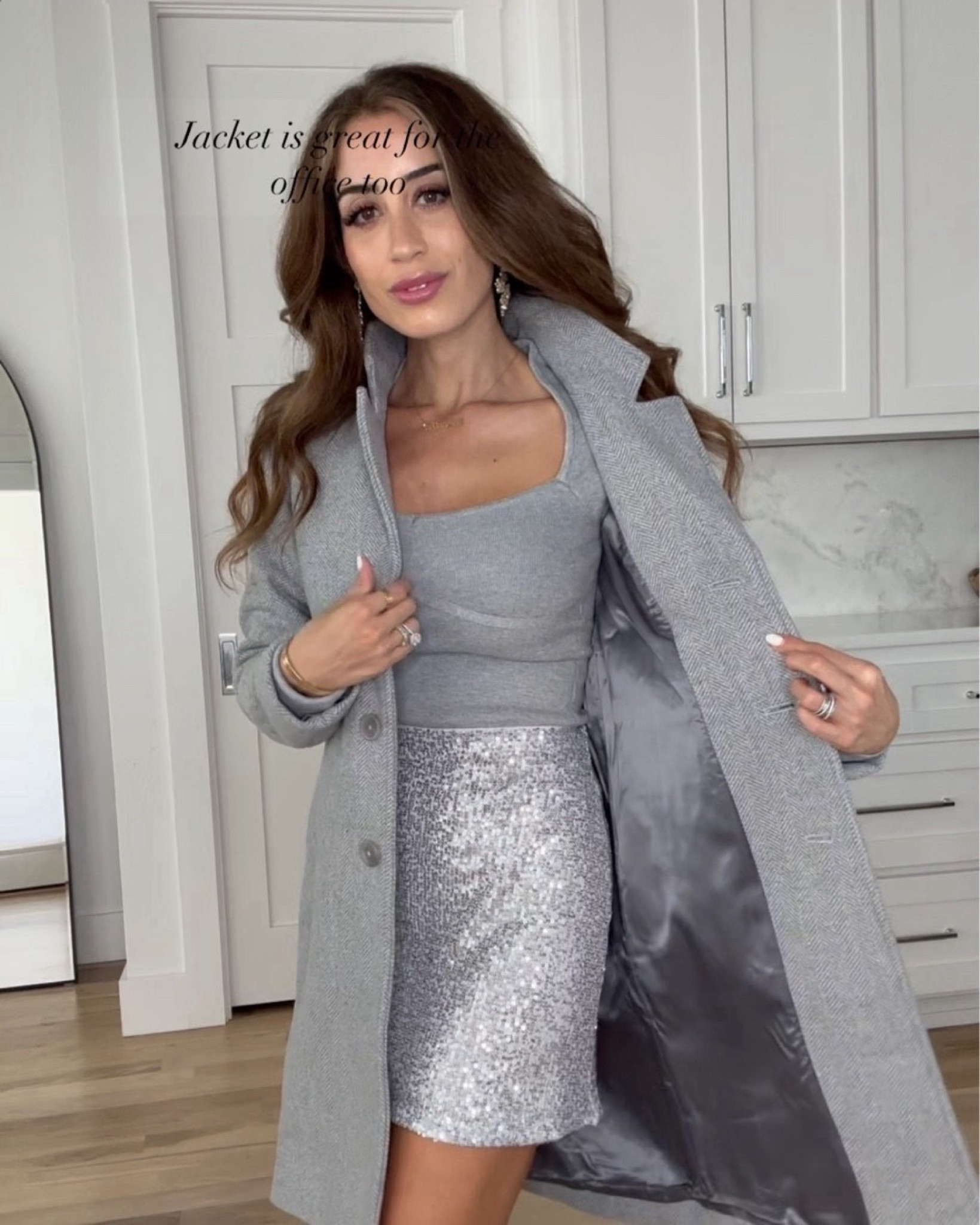 Holiday outfit for petites grey coat, sequin skirt xxs clear heels silver skirt NYE

#LTKHoliday #LTKparties #LTKsalealert