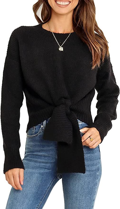 Okiwam Women's Long Sleeve Cropped Knit Sweater Tie Front Crew Neck Solid Color Ribbed Pullover 2... | Amazon (US)
