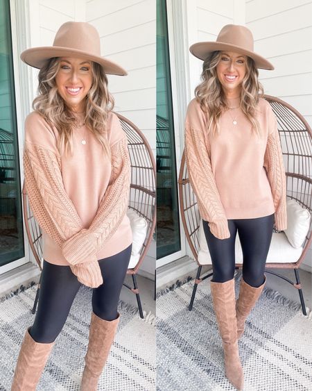 Fall fashion fall outfit amazon fashion amazon finds cable knit sweater size small, faux leather leggings size small. Knee high boots tts

#LTKunder50 #LTKSeasonal