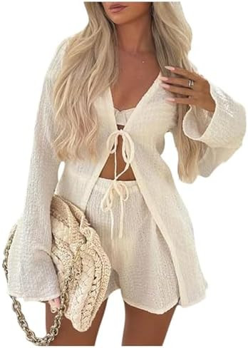 GORGLITTER Women's Shorts Set 2 Piece Beach Vacation Coastal Miami Brunch Outfits Bell Long Sleev... | Amazon (US)