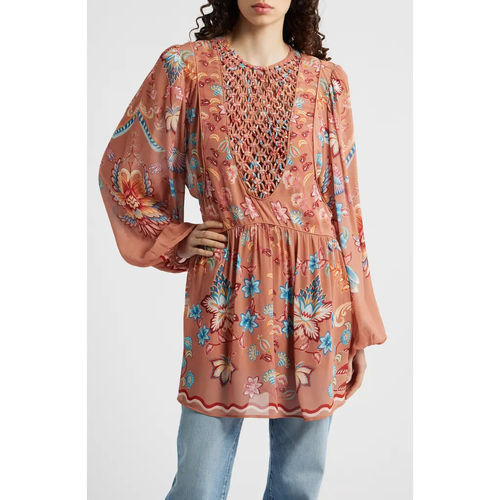 FARM Rio Boho Enchance Long Sleeve Floral Minidress in Boho Enchance Mocha at Nordstrom, Size X-Small | Nordstrom