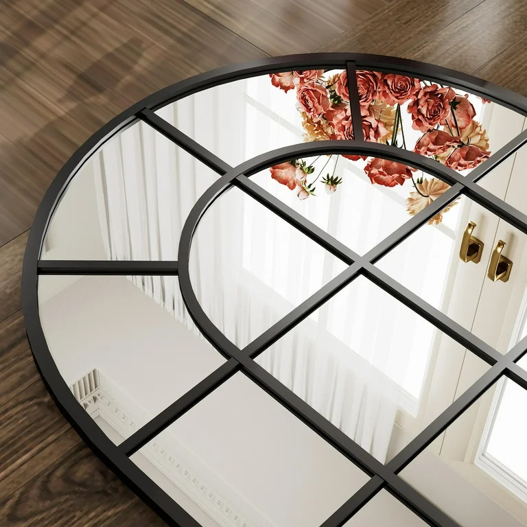 BEAUTYPEAK 36" x 24" Arched Windowpane Mirror Decor Wall Mirror, Black | Walmart (US)