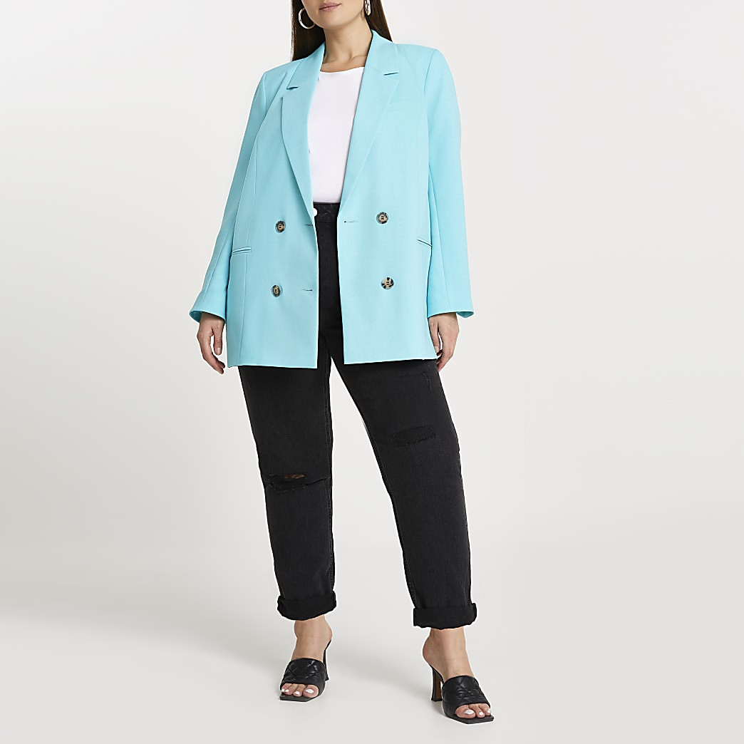 Plus blue longline bLazer | River Island (US)