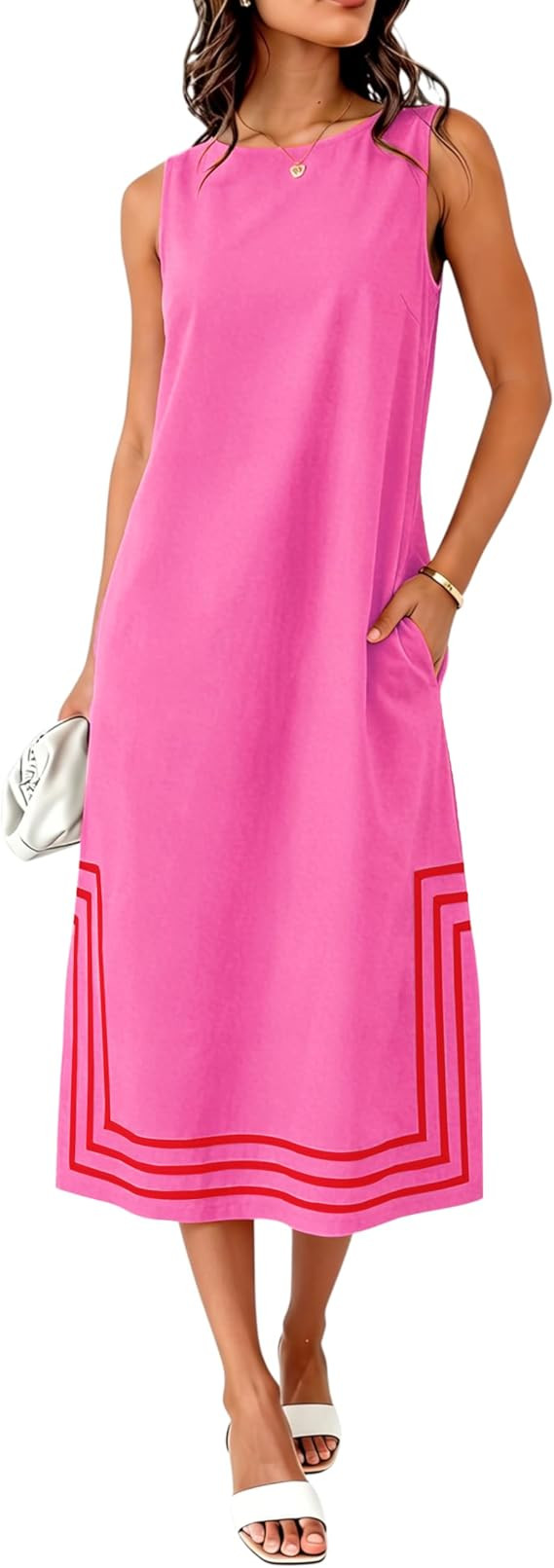 Womens Boho Linen Maxi Dress Sleeveless Split Sundress Color Block A-Line Coverups Beach Vacation... | Amazon (US)
