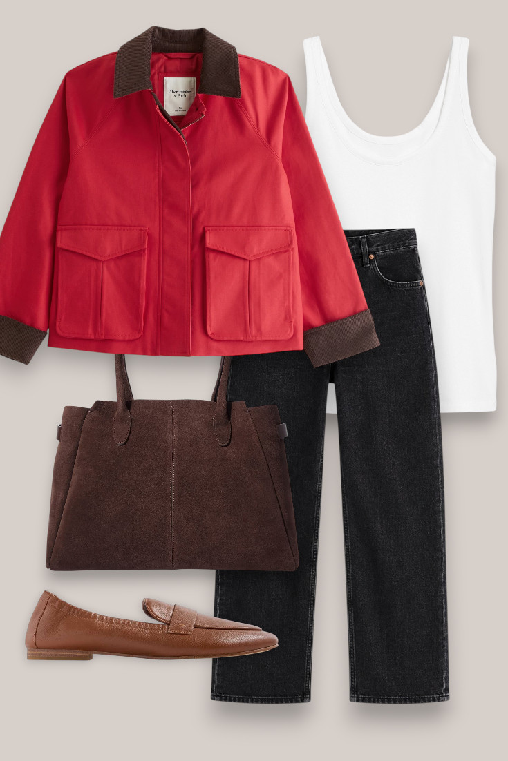 Red barn jacket + black jeans
An easy casual fall look built around a white tank and black wide leg jeans. The red jacket and chocolate accessories give it that autumn feel without needing heavy layers. 

 #LTKautumn #LTKjeans #LTKstyletip