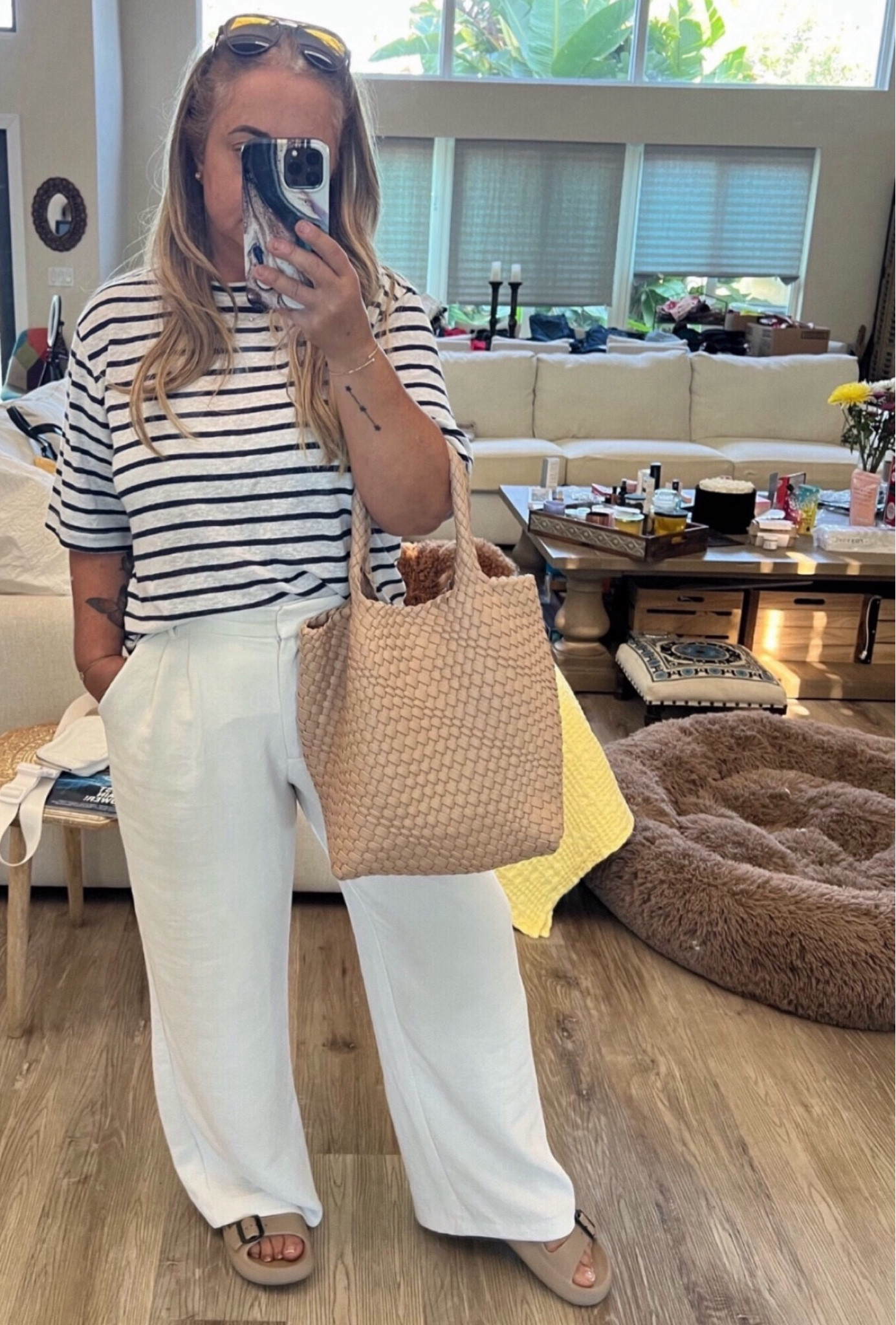 Business outfit/ workwear/ office outfit/everyday outfit 
White trousers, line shirt, Amazon bag, nude sandals, Amazon finds 


#LTKunder50 #LTKitbag
 #LTKOver40 

#LTKItBag #LTKMidsize #LTKStyleTip