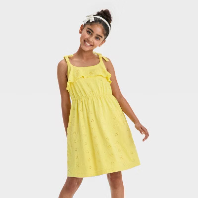 Girls' Sleeveless Knit Eyelet Dress - Cat & Jack™ Yellow S | Target