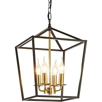 4-Light Black and Gold Farmhouse Chandelier, Industrial Ceiling Light Lantern Chandelier with Met... | Amazon (US)