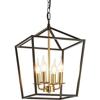4-Light Black and Gold Farmhouse Chandelier, Industrial Ceiling Light Lantern Chandelier with Met... | Amazon (US)
