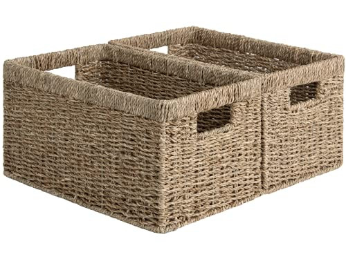 StorageWorks Wicker Storage Basket for Organizing, Medium Seagrass Storage Baskets with Built-in ... | Amazon (US)