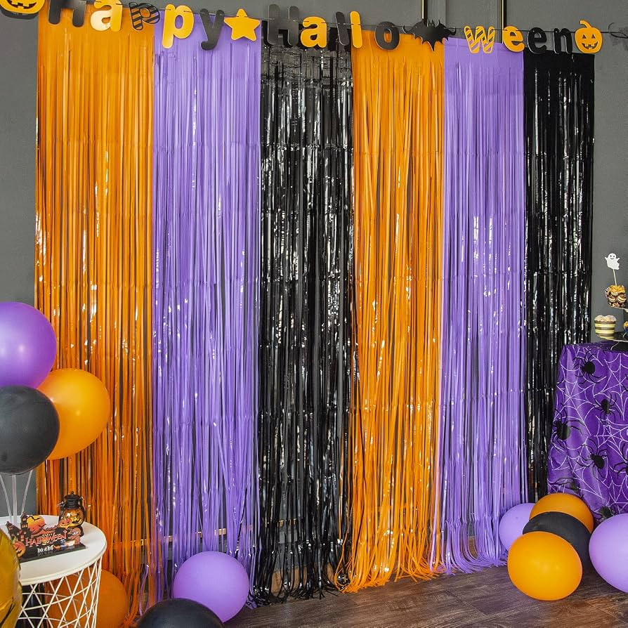 LOLStar 3 Pack Orange Purple Black Photo Booth Props,3.3 X 6.6 ft Halloween Foil Fringe Curtains,... | Amazon (US)