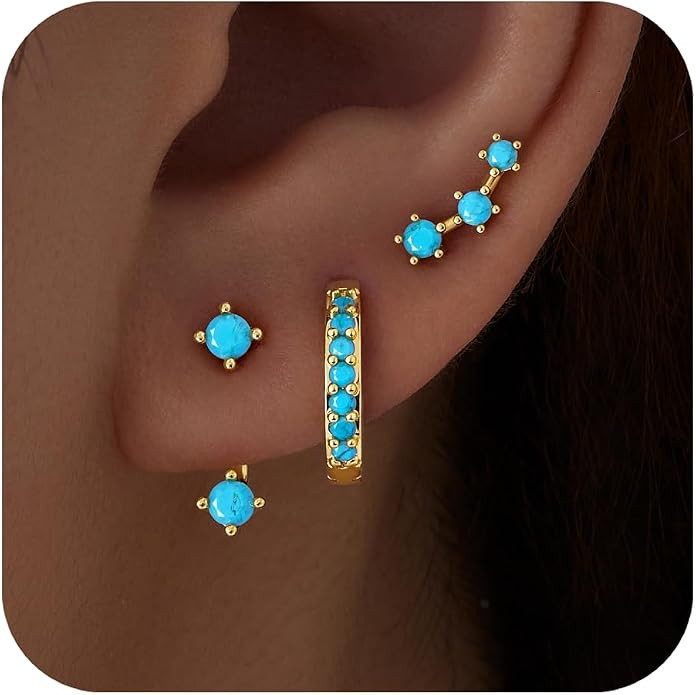 Gold Stud Earrings Set for Women, 3 Pairs Huggie Hoop Jacket Studs Earring Stacks, Hypoallergenic... | Amazon (US)