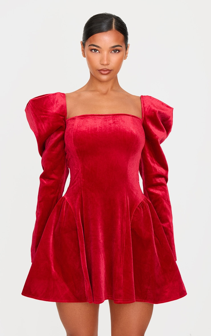 Red Velvet Extreme Puff Sleeve Skater Dress | PrettyLittleThing US