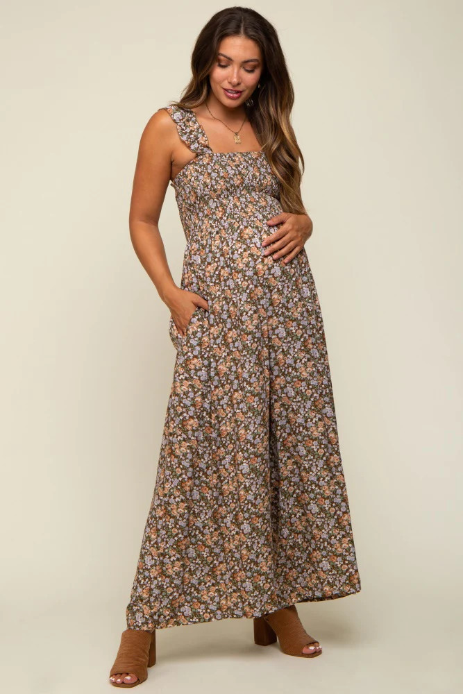 Beige Sleeveless Floral Smocked Ruffle Maternity Jumpsuit | PinkBlush Maternity