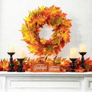 Glitzhome 24 in. Dia Fall Lighted Maple Leaves Artificial Fall Wreath 2019500005 - The Home Depot | The Home Depot