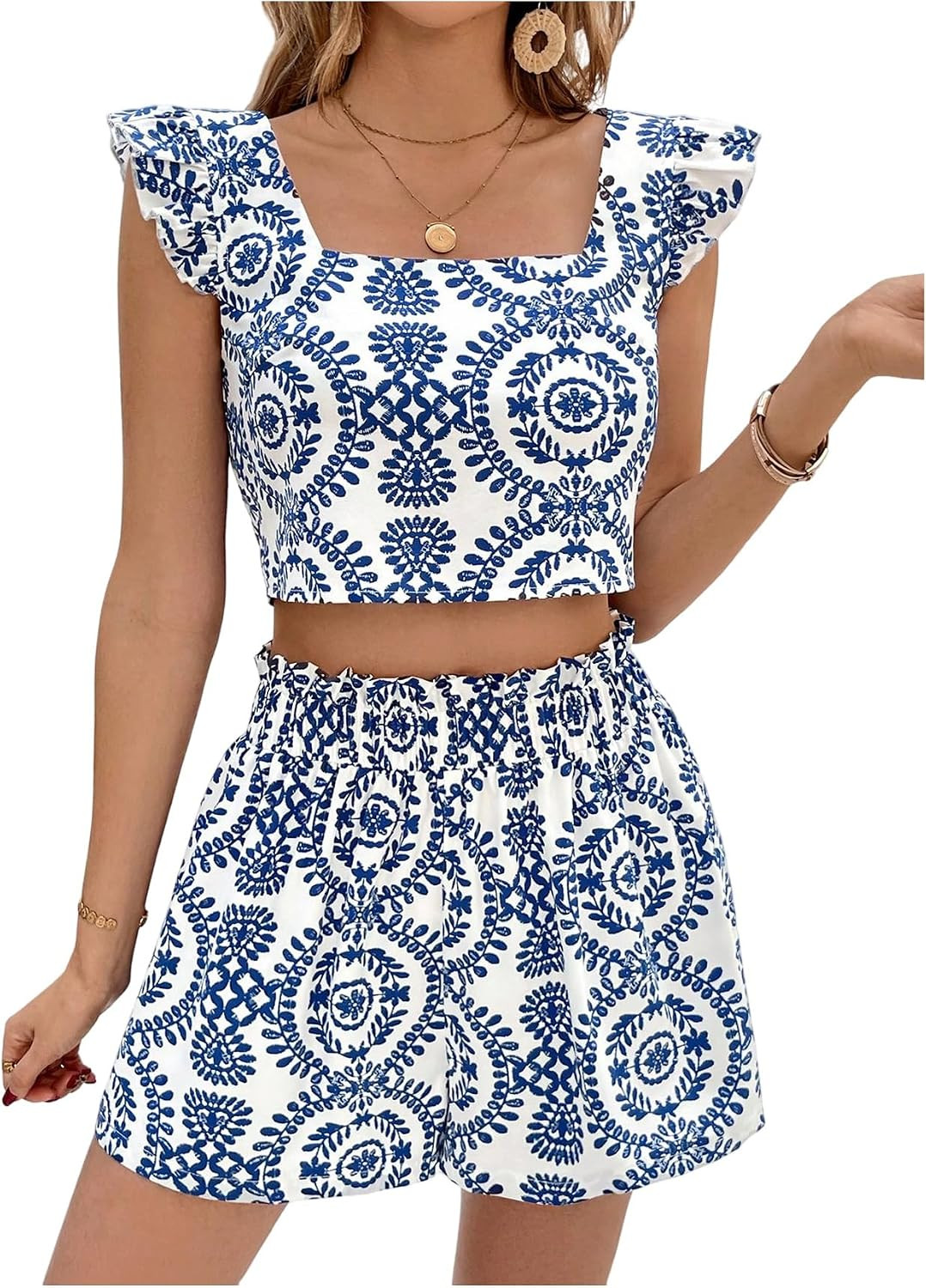 SweatyRocks Women's 2 Piece Sets Ruffle Sleeve Top & Short Vacation Outfits | Matching Crop Tops and Bottoms, Resort Wear, Tropical Vacation Sets, Two Piece Summer Outfits | Amazon (US)