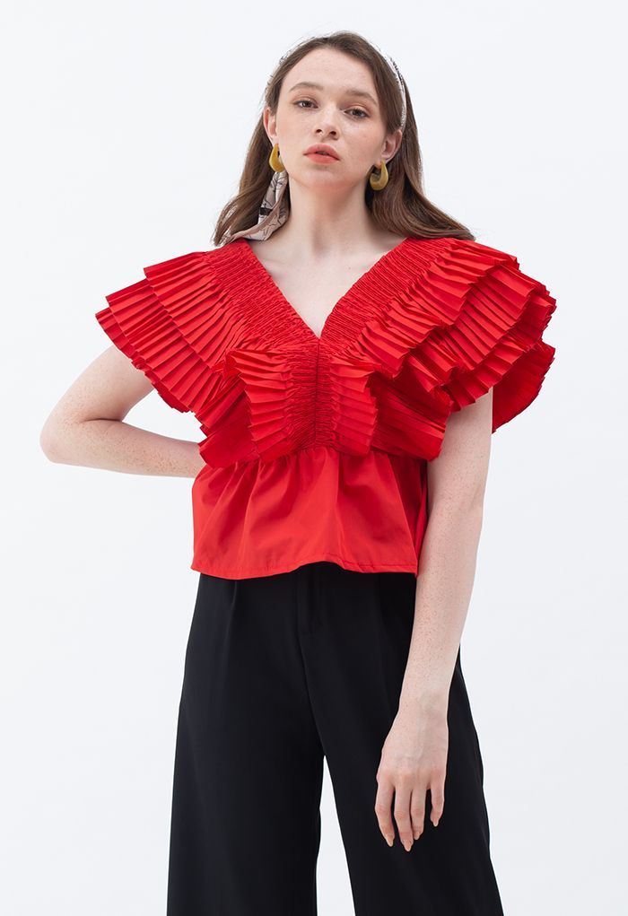 Pleated Ruffle Buttoned Deep V-Neck Crop Top in Red | Chicwish