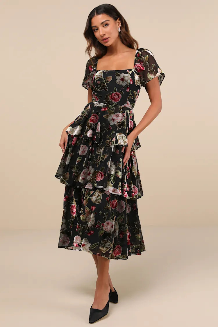 Darling Endeavor Black Velvet Burnout Tiered Midi Dress | Lulus