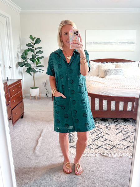 Eyelet shirt dress - 50% off + free shipping! Wearing a size 2 (I suggest sizing up if in between sizes & if you have hips (like I do)). Thad a removable slip and the buttons are fully functional.
• sandals (tts) & jewelry linked  

#LTKSeasonal #LTKFindsUnder50 #LTKSaleAlert