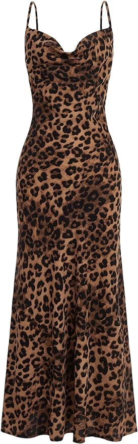 Floerns Women's Leopard Print Draped Collar Spaghetti Strap Cami Long Dress | Amazon (US)