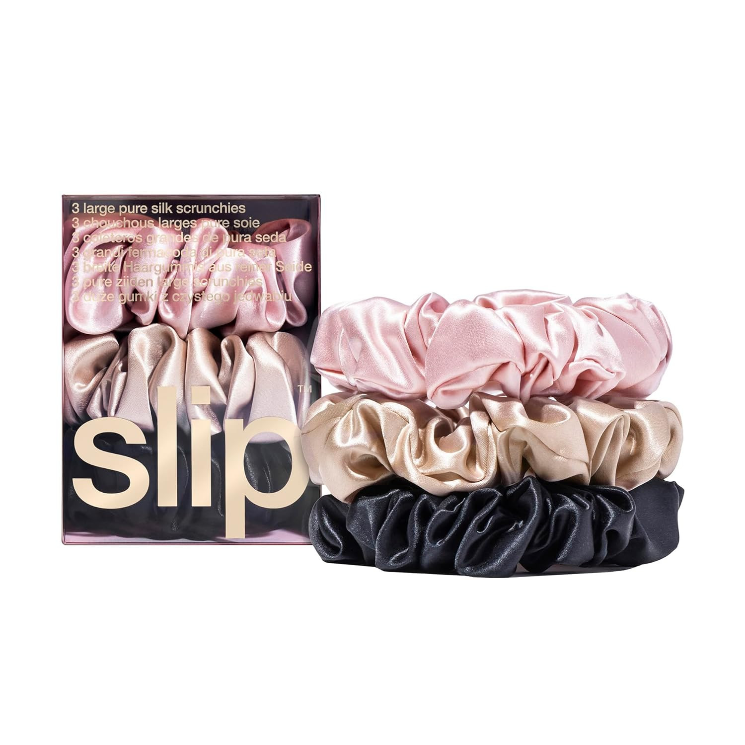 slip Large Scrunchie Multi | Set of 3 Pure Silk Large Scrunchies | Includes 1 Pink, 1 Caramel, 1 ... | Amazon (US)