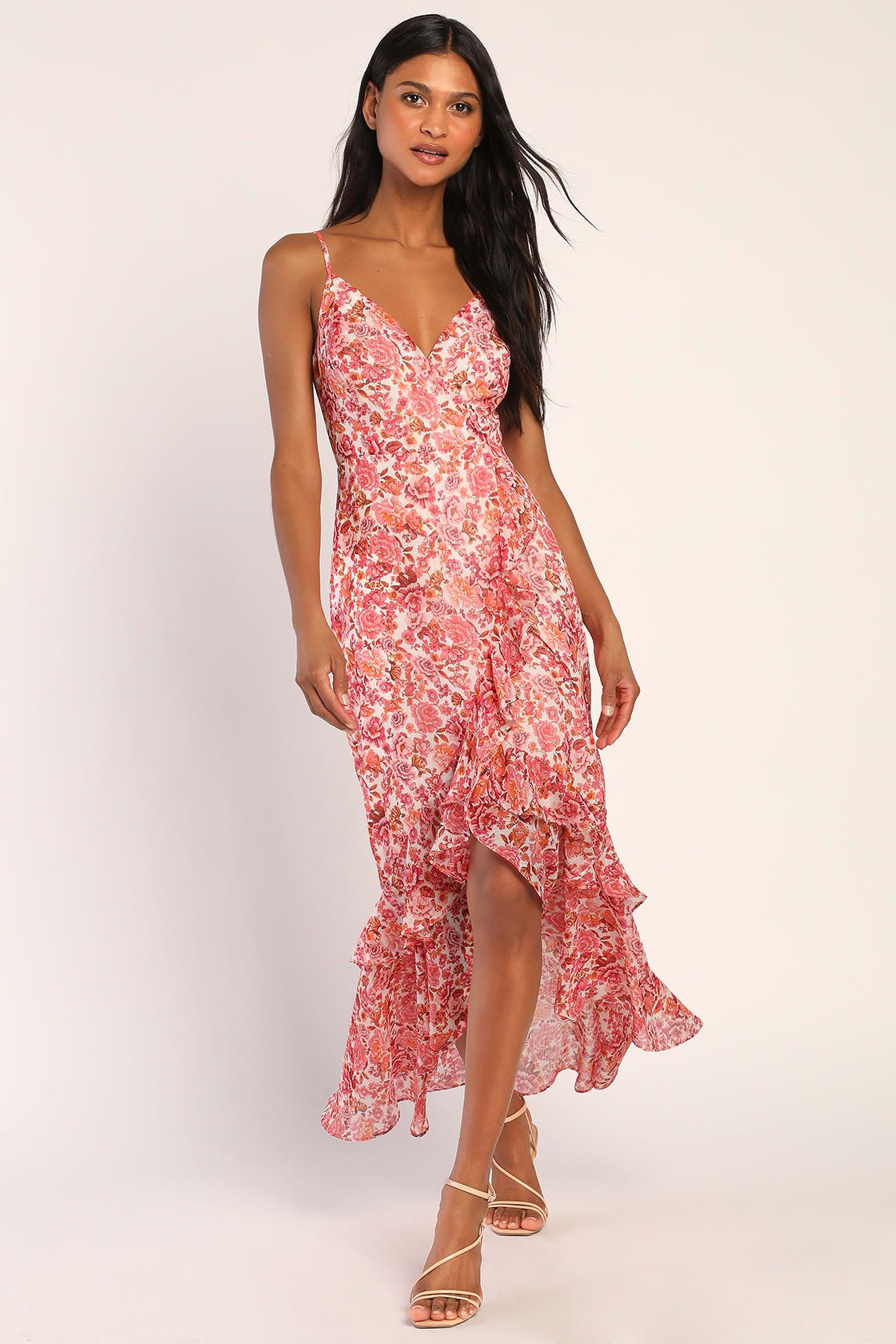 Always Enchanting Pink Floral Metallic Ruffled High-Low Dress | Lulus