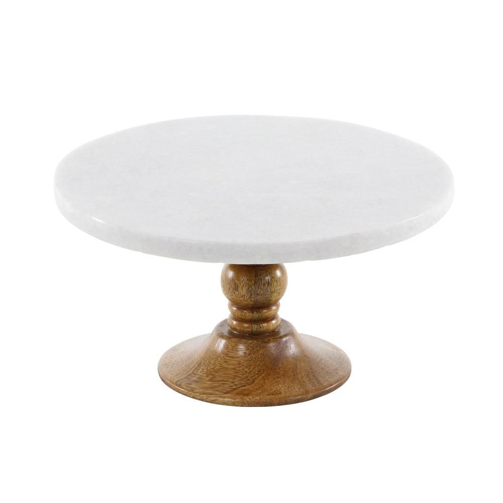 10 in. x 5 in. White Marble and Brown Wood Cake Stand | The Home Depot