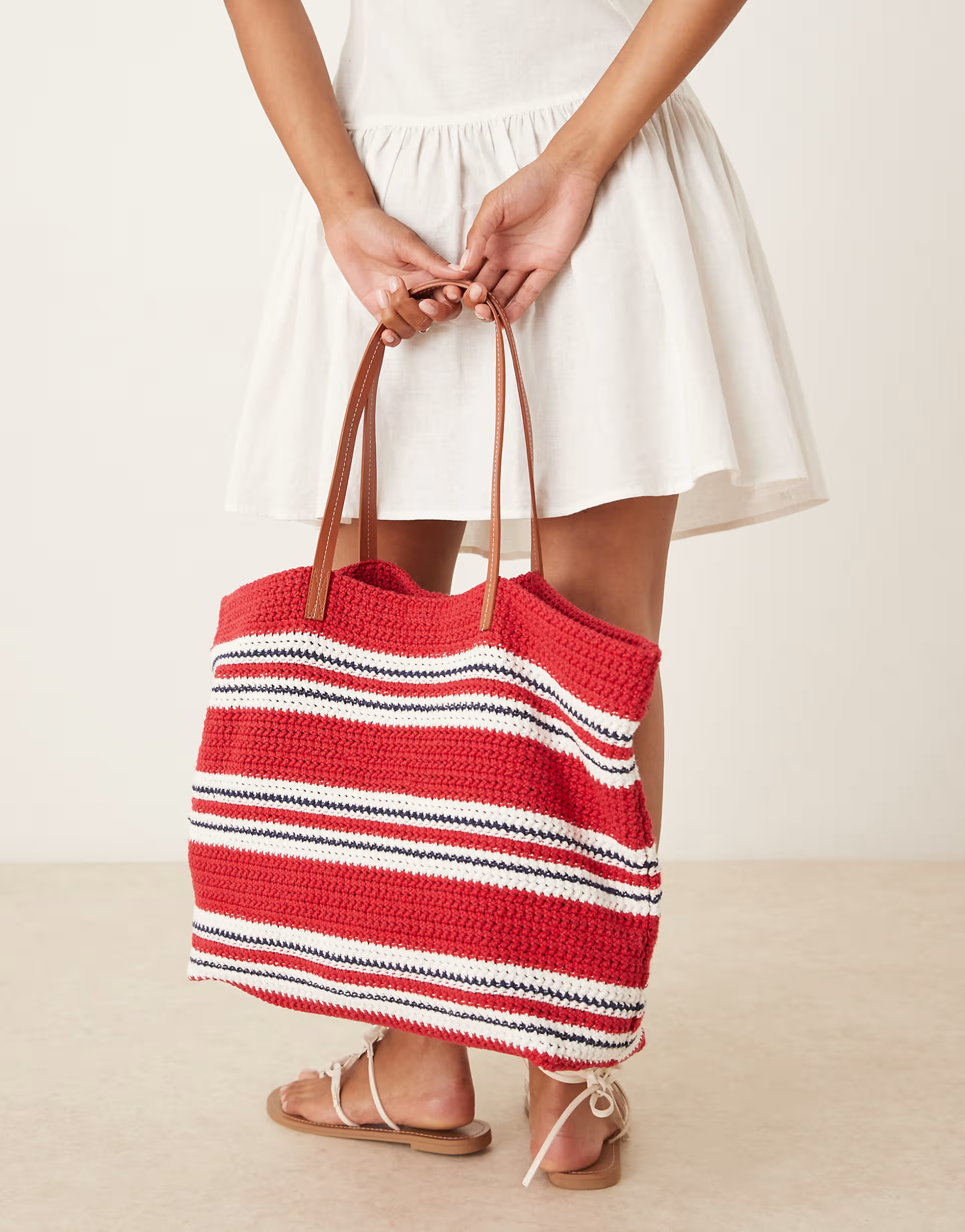 ASOS DESIGN hand crochet knit tote bag in red and blue stripe | ASOS (Global)