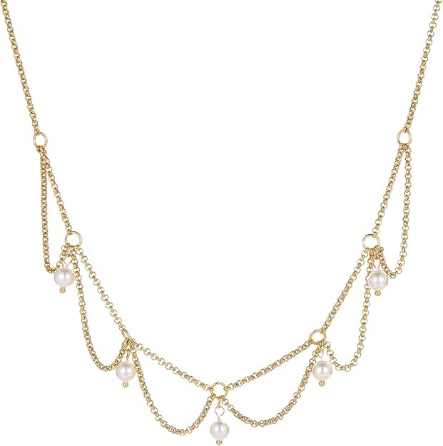 18K Gold Plated Pearl Necklace for Women, Dainty Heart, CZ Charms, Bow, Fruit Pendant Necklace, C... | Amazon (US)