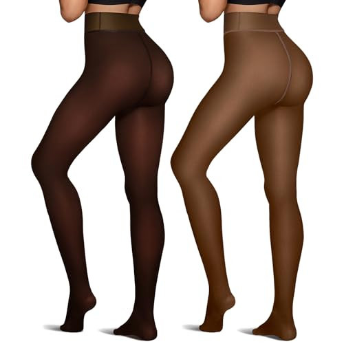 OEAK Womens 2 Pairs Fleece Lined Tights Leggings Sheer Fake Translucent Pantyhose Thermal High Waisted Footed Opaque Tights Brown + Coffee 300g S/M | Amazon (US)