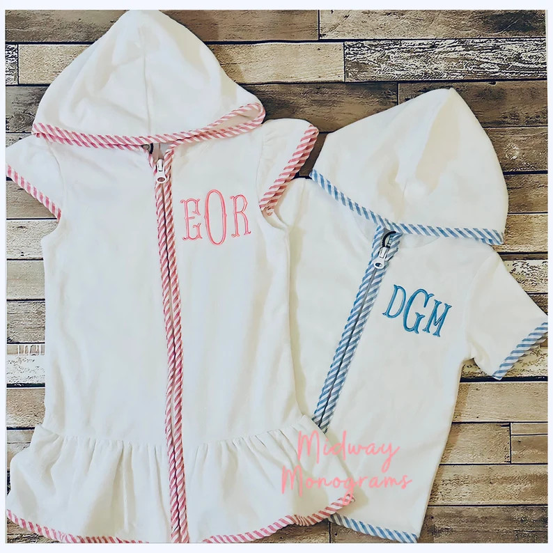 Kids Monogrammed Terry Cloth Swimsuit Cover up - Gingham Trim - Etsy | Etsy (US)