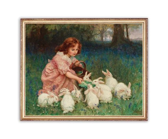 Vintage Girl Feeding Rabbits Painting  Child Animal Portrait | Etsy | Etsy (US)