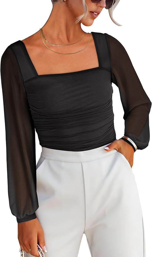 ANRABESS Womens Square Neck Mesh Long Sleeve Tops Double Lined Dressy Business Casual Blouses Shi... | Amazon (US)