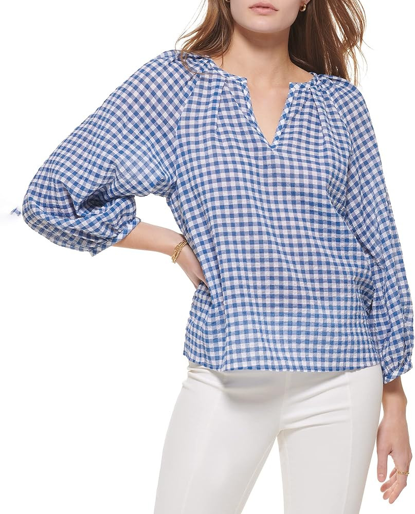 Calvin Klein Women's Sportswear Everyday Casual V-Neck Gingham Blouse | Amazon (US)