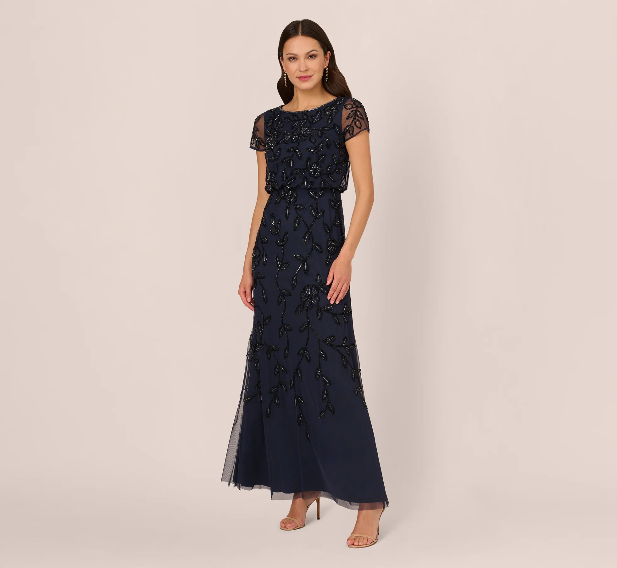 Jasmine Beaded Blouson Gown With Sheer Short Sleeves In Navy Black | Adrianna Papell