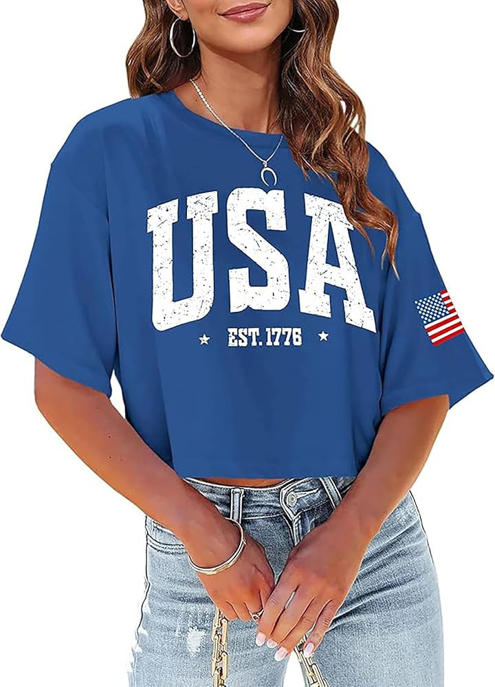 American Flag Women's Sexy Graphic Crop Tops Memorial Day Shirts Patriotic Casual Short Sleeve Cr... | Amazon (US)