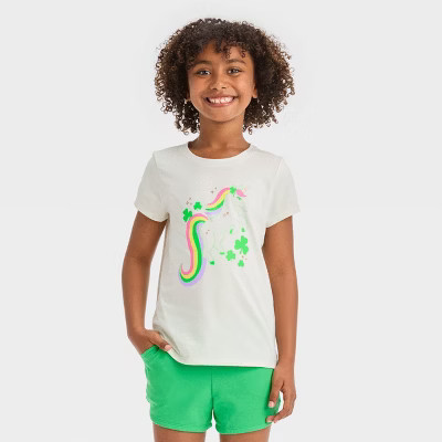 Girls' St. Patrick's Day Short Sleeve 'Unicorn' Graphic T-Shirt - Cat & Jack™ Cream | Target