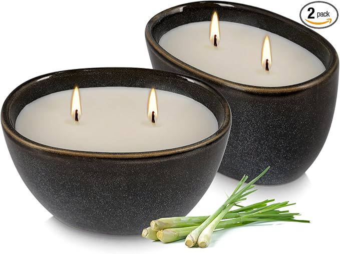 2-Pack Black Ceramic Citronella Scented Candles – Dual-Wick, All-Natural Wax, Decorative Geomet... | Amazon (US)