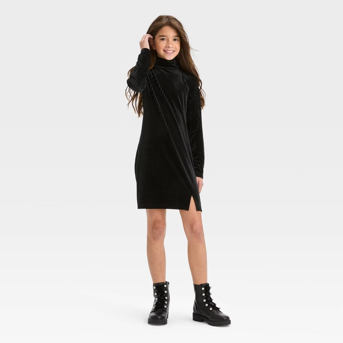 Girls' Long Sleeve Velvet Turtleneck Dress - art class™ Black XS | Target
